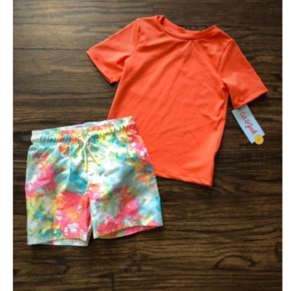 2T Cat and Jack Boys Swim Trunks and Rash guard Set watercolor orange